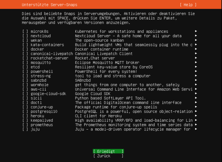 Unterstützte Server Snap Pakete