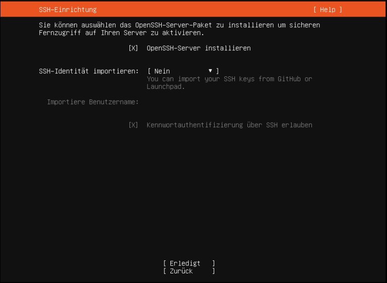 Konfiguration SSH Zugang